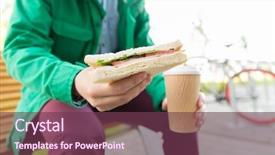  Presentation with food city - Audience pleasing PPT theme consisting of people junk food eating backdrop and a tawny brown colored foreground