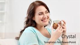  Presentation with junk food - Amazing slide deck having people junk food unhealthy eating and leisure concept - happy plus size young woman with cup of tea with cookie at home backdrop and a lemonade colored foreground