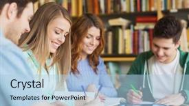  Presentation with knowledge - Cool new slide deck with group of happy students writing backdrop and a light blue colored foreground