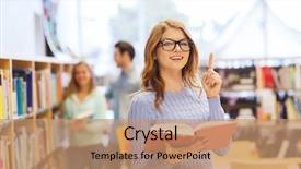  Presentation with knowledge - Slide set having people knowledge education and school concept - happy student girl or young woman with book in library background and a coral colored foreground