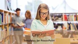  Presentation with knowledge - Colorful slide set enhanced with people knowledge education and school concept - happy student girl or young woman with book in library backdrop and a coral colored foreground