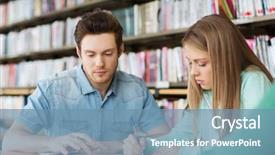  Presentation with knowledge - Cool new slides with people knowledge education and school concept - group of students with tablet pc computer writing to notebooks in library backdrop and a teal colored foreground