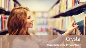  Presentation with knowledge - PPT theme with people knowledge education and school concept - happy student girl or young woman taking book from shelf in library background and a coral colored foreground
