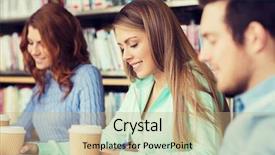  Presentation with knowledge - Presentation design featuring people knowledge education and school concept - group of happy students reading books drinking coffee and preparing to exam in library background and a coral colored foreground