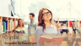  Presentation with knowledge - Cool new slides with people knowledge education and school concept - happy student girl or young woman with book in library backdrop and a coral colored foreground