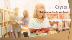  Presentation with knowledge - Slide deck featuring people knowledge education and school concept - happy student girl or young woman with book in library background and a lemonade colored foreground