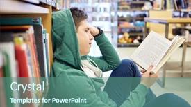  Presentation with education school literature reading - Slide deck with people knowledge education literature and school concept - student boy or young man sitting on floor reading book in library background and a ocean colored foreground