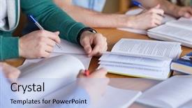  Presentation with learning - Presentation theme enhanced with people learning education and school background and a light blue colored foreground