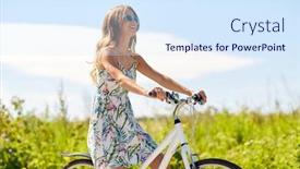  Presentation with lifestyle - Theme consisting of people leisure and lifestyle - happy young hipster woman wearing summer dress and shades riding bicycle in summer background and a sky blue colored foreground
