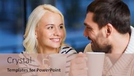  Presentation with tea coffee - PPT theme having people leisure communication eating and drinking concept - happy couple meeting and drinking tea or coffee at cafe background and a coral colored foreground