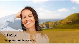  Presentation with people - Presentation theme featuring people leisure concept happy smiling woman sur coast california background background and a gold colored foreground