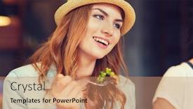  Presentation with pub - Cool new PPT layouts with people leisure food and communication concept - group of happy smiling young woman with fork eating salad and meeting friends at bar or pub backdrop and a coral colored foreground
