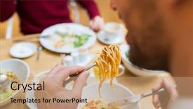 Presentation with pasta restaurant - Colorful presentation theme enhanced with people leisure and food concept backdrop and a coral colored foreground