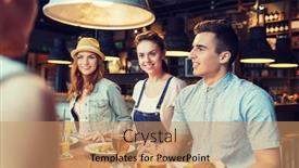  Presentation with pub - Beautiful presentation design featuring people leisure friendship and communication concept - group of happy smiling friends eating drinking and talking at bar or pub backdrop and a coral colored foreground