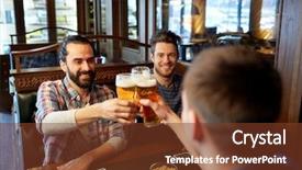  Presentation with pub - Beautiful theme featuring people leisure friendship and party concept - happy male friends drinking draft beer at bar or pub and clinking glasses backdrop and a tawny brown colored foreground
