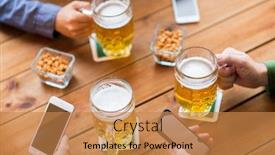  Presentation with pub - Audience pleasing theme consisting of people leisure friendship and technology concept - close up of friends with smartphones and snacks drinking beer at bar or pub backdrop and a coral colored foreground