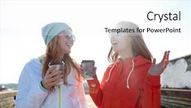  Presentation with takeaway coffee - Cool new slide set with people leisure friendship communication and takeaway drinks concept - happy teenage girls with coffee cups on city street backdrop and a white colored foreground