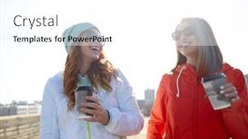  Presentation with takeaway coffee - Amazing presentation theme having people leisure friendship communication and takeaway drinks concept - happy teenage girls with coffee cups on city street backdrop and a white colored foreground