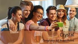  Presentation with pub - Beautiful slide set featuring people leisure friendship technology and communication concept - group of happy smiling friends with smartphone and drinks taking selfie at bar or pub backdrop and a red colored foreground