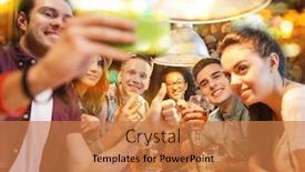  Presentation with communication - PPT theme having people-leisure-friendship-technology and a coral colored foreground