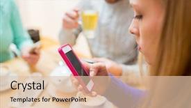  Presentation with internet addiction - Cool new slide deck with people leisure internet addiction and technology concept - close up of woman with friends texting on smartphone at cafe backdrop and a lemonade colored foreground