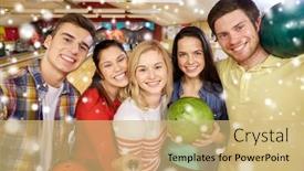  Presentation with bowling - Colorful PPT layouts enhanced with people-leisure-sport-friendship backdrop and a coral colored foreground
