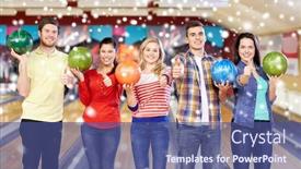  Presentation with bowling - PPT theme having people leisure sport friendship and entertainment concept - happy friends in bowling club at winter season background and a ocean colored foreground