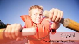  Presentation with rowing - Presentation theme featuring people life preserver - boy rowing a boat background and a red colored foreground