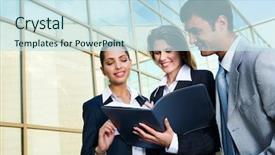  Presentation with business women - Beautiful presentation design featuring people look success - business women signs the agreement backdrop and a sky blue colored foreground