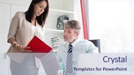  Presentation with office life - Colorful PPT theme enhanced with people looking a red file backdrop and a lemonade colored foreground