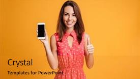  Presentation with smartphone - Beautiful PPT theme featuring smiling brunette woman in dress showing blank smartphone screen and thumb up over yellow background backdrop and a gold colored foreground