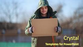  Presentation with homeless - PPT theme featuring people lost money - homeless person with blanck cardboard background and a tawny brown colored foreground