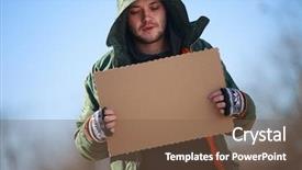  Presentation with homeless people - Presentation having people lost money - homeless person with blanck cardboard background and a tawny brown colored foreground