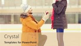  Presentation with engagement - Cool new presentation design with people love proposal sport and leisure concept - happy couple with engagement ring on skating rink backdrop and a yellow colored foreground