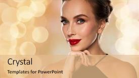  Presentation with black luxury fashion - Slide deck featuring people luxury and fashion concept - beautiful woman in black with red lips over holidays lights background background and a coral colored foreground