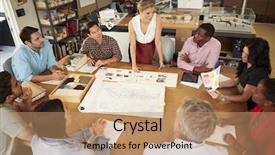  Presentation with meeting table - Audience pleasing theme consisting of people manager - female boss leading meeting backdrop and a coral colored foreground
