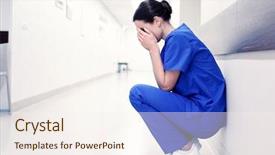  Presentation with stressed - Slide deck with sad or crying female nurse background and a sky blue colored foreground