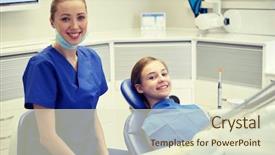  Presentation with patient care - Cool new PPT layouts with people medicine stomatology and health care concept - happy female dentist with patient girl at dental clinic office backdrop and a soft green colored foreground