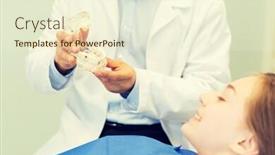  Presentation with jaw - Presentation theme with people medicine stomatology and health care concept - happy male dentist showing jaw and teeth layout to patient girl at dental clinic office background and a cream colored foreground