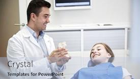  Presentation with health care - Amazing slide deck having people medicine stomatology and health care concept - happy male dentist showing jaw layout to patient girl at dental clinic office backdrop and a light blue colored foreground