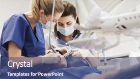  Presentation with patient care - Beautiful presentation design featuring people medicine stomatology and health care concept - female dentists with mirror drill and probe treating patient girl teeth at dental clinic office backdrop and a ocean colored foreground