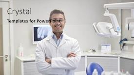  Presentation with dental office - Beautiful PPT theme featuring people medicine stomatology and healthcare concept - happy middle aged male dentist in white coat at dental clinic office backdrop and a light gray colored foreground
