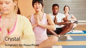  Presentation with exercise class - Amazing PPT theme having people meditating in yoga class backdrop and a lemonade colored foreground