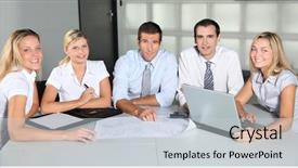  Presentation with business group meeting - Presentation enhanced with people meeting in the office background and a light gray colored foreground