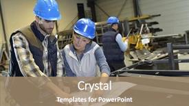  Presentation with factory - Slide deck enhanced with people meeting together in factory background and a coral colored foreground