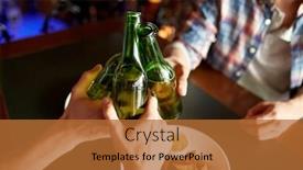  Presentation with pub - Slide set enhanced with people men leisure friendship and celebration concept - close up of male friends drinking beer and clinking bottles at bar or pub background and a red colored foreground