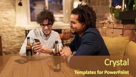  Presentation with pub - Cool new slide deck with people men leisure friendship and technology concept - happy male friends with smartphones drinking bottled beer at bar or pub backdrop and a tawny brown colored foreground
