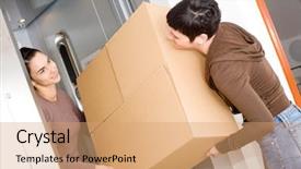  Presentation with moving - Theme with people migration - two happy women moving cardboard background and a coral colored foreground