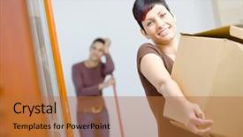  Presentation with moving - Beautiful presentation theme featuring people migration - woman lifting cardboard box while backdrop and a red colored foreground