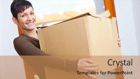  Presentation with moving - Cool new presentation theme with people migration - woman lifting cardboard box while backdrop and a coral colored foreground